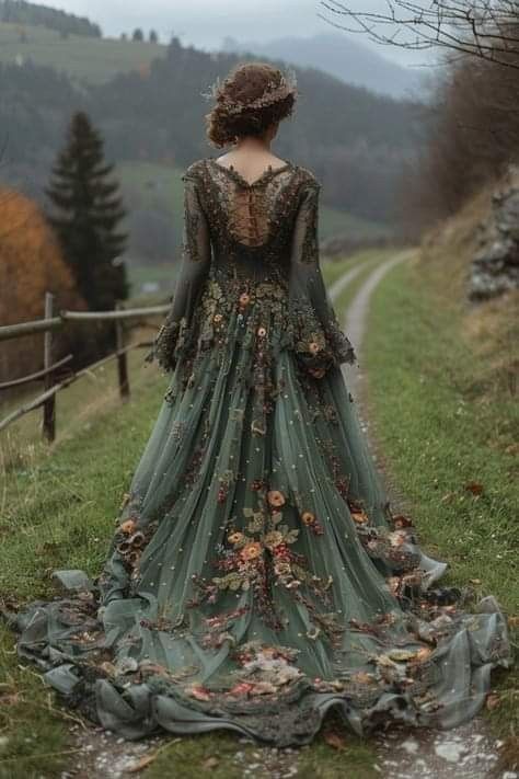 Wedding Dress With Green Leaves, Forest Dresses Aesthetic, Fantasy Forest Dress, Woodland Fairy Princess Wedding Dress, Fairytale Wedding Dress Green, High Fae Dress, Dark Forest Wedding Dress, Mushroom Wedding Dress, Whimsical Forest Wedding Dress