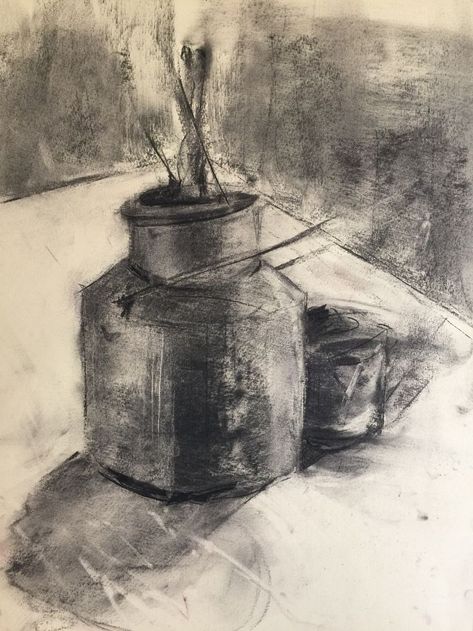 Still life expressionistic drawing 'Vintage cans' willow charcoal on pastel paper by Aliki Yiorkas Still Light Drawing, Light And Shade Drawing Still Life, Charcoal Art Still Life, Willow Charcoal Drawings, Still Life Ideas, Green Sketchbook, Charcoal Still Life, Gestural Drawing, Still Life Pencil Shading