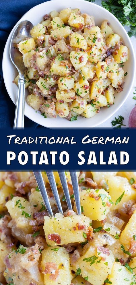 German potato salad is a different take on potato salad. This recipe is made with tender potatoes, crispy bacon, and a sweet and tangy vinegar sauce. This delicious potato salad is so easy to make and great for a quick lunch, dinner, or side. Try this easy recipe today! Delicious Potato Salad, German Potato Salad Recipe, Potatoes Crispy, German Food Authentic, Vinegar Sauce, Southern Potato Salad, German Potato, German Potatoes, German Potato Salad