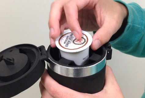 Portable Keurig K Cup Coffee Maker Thermos Launches Kickstarter - Thrillist One Cup Coffee Maker, Being On Time, K Cup Coffee Maker, Camping Coffee Maker, Portable Coffee Maker, Coffee Thermos, Pod Coffee Makers, Coffee Box, Camping Coffee