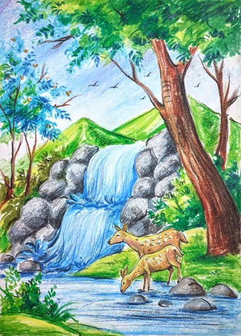 Forest Scenery Drawing, Drawing Waterfall, Easy Nature Drawings, Beautiful Scenery Drawing, Landscape Drawing Easy, Scenery Drawing For Kids, Oil Pastel Landscape, Easy Scenery Drawing, Simple Draw