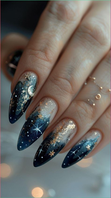 Halloween Celestial Nails, Fall Nail Designs Blue, Witchy Christmas Nails, Cosmic Nail Art, Moon Nails Design, Moon Inspired Nails, Moon And Stars Nails, Las Vegas Nails Ideas, Winter Solstice Nails