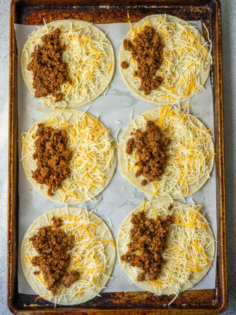 Easy Supper Ideas Quick For Kids, Pan Tacos Ground Beef, Easiest Cheapest Dinners, Taco Style Recipes, Baked Mini Tacos Ground Beef, Recipes Using Soft Taco Shells, Baked Steak Tacos, Oven Baked Dinner Ideas, Ground Beef And Croissant Recipes