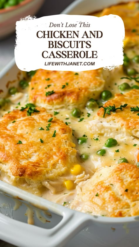 Creamed Chicken And Biscuits, Chicken And Biscuit Casserole, Chicken And Biscuits Casserole, Chicken Biscuit Casserole, Creamed Chicken, Cheesy Biscuits, Biscuit Casserole, Mediterranean Dinner, Pot Pie Casserole