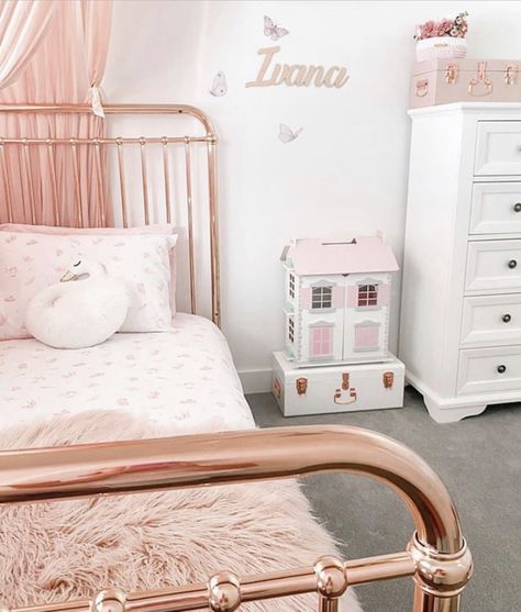 Rose Gold Metal Bed Frame, Rose Gold Iron Bed Frame, Pink Gold Bedroom Kids, Gold Kids Bed, Gold Single Bed Frame, Pink And Gold Princess Bedroom, Princess Bed Frame, Rose Gold Bed, Gold Headboard