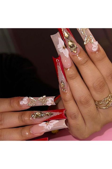 24pcs Long Coffin Press on Nails French Tip Fake Nails Set Red Edge Glitter Gold Stick on Nails Butterfly Flower Rhinestone Glue-on Nails Removable Acrylic False Nails Women Nail Art Accessories China Nails, Nagel Tips, Manicure Tips, Nail Type, Nails Set, Nail Supplies, Nail Forms, Nail Length, Stick On Nails