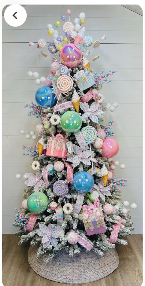 Candy Land Theme Christmas Office, Tree Decoration Themes, Candyland Work Decorations, Kiddie Christmas Tree, Children’s Christmas Tree Decorations, Candy Theme Tree Christmas Decor, Office Christmas Decorations Candyland, Candyland Christmas Trees, Peppermint Christmas Trees