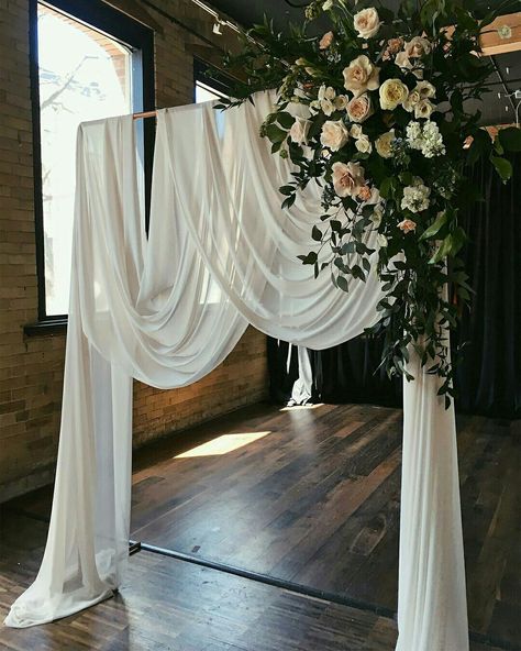 Wedding Ceremony Backdrop Indoor, Wedding Arbors, Greenery Wedding Decor, White Drapery, Rustic Wedding Decorations, Indoor Wedding Ceremonies, Centerpieces Diy, Flowers And Greenery, Wedding Arbour