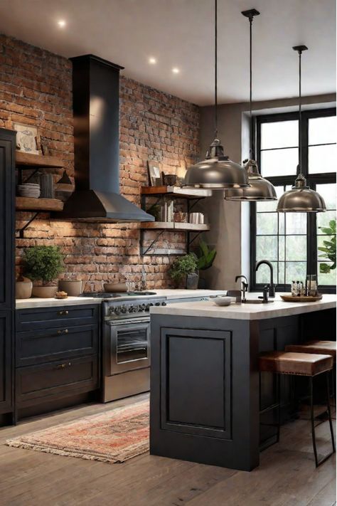 A mid-century modern kitchen with wood veneer cabinets and bold accent colors Moody Kitchen With Brick, Black Cabinets Kitchen Brick Backsplash, Old Chicago Brick Backsplash, Brick Slip Kitchen, Black Cabinets Brick Backsplash, Faux Brick Wall In Kitchen, City Kitchen Aesthetic, Wood And Brick Kitchen, Dark Farmhouse Interior