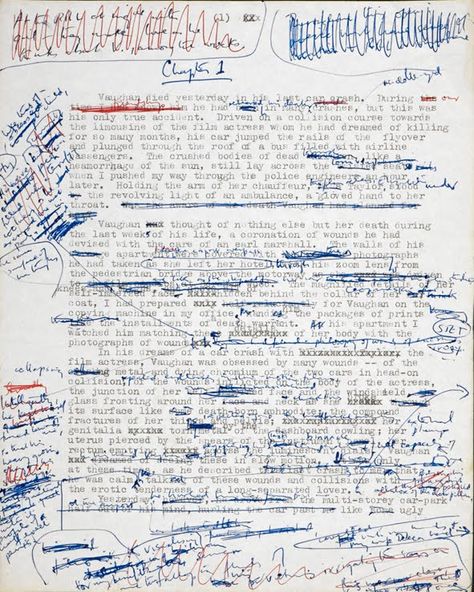 A manuscript page from J. G. Ballard’s CRASH J G Ballard, Raymond Carver, Text Dependent Questions, Earth Day Crafts, Talk About Love, First Draft, Writers Write, Some Questions, J G