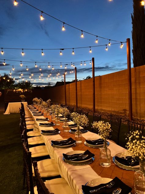 Backyard Lights For Party, At Home Backyard Wedding, Lights For Backyard Party, Backyard Cookout Wedding Reception, Backyard Simple Wedding Ideas, Backyard Patio Dinner Party, Simple Outdoor Dinner Party, Backyard Wedding Altar Ideas, Summer Backyard Wedding Ideas Receptions