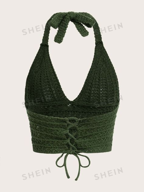 ROMWE Solid Tie Back Knit Top | SHEIN USA Crochet Bralette Top, Crochet Halter Top Pattern, Halter Top Pattern, Crochet Halter Top, Crochet Tops Free Patterns, Crochet Bralette, Crochet Halter, Casual Sweater, Crochet Halter Tops