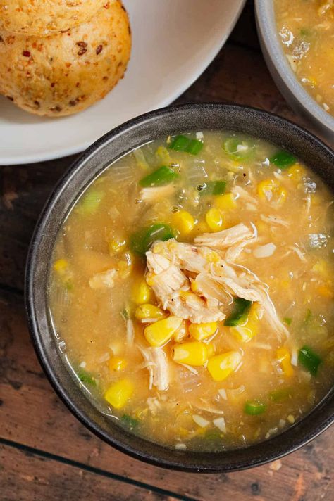 Sweet Corn Chicken Soup is a hearty soup recipe loaded with shredded chicken, corn kernels, cream style corn, minced garlic, minced ginger, soy sauce and green onions all in a tasty broth. Sweet Corn Chicken Soup, Chicken And Sweet Corn Soup, Corn Cream Soup, Chicken And Corn Soup Recipes, Creamed Corn Soup, Cream Corn Soup, Chicken Sweet Corn Soup, Chicken And Corn Soup, American Meals