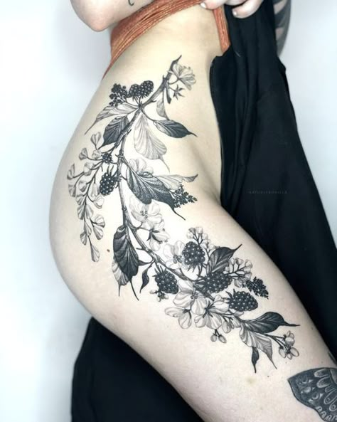 Scapegoat Tattoo, Side Leg Tattoo, Plant Tattoos, Peacock Feather Tattoo, Hip Tattoos Women, Vine Tattoos, Full Body Tattoo, Botanical Tattoo, Tattoo Project