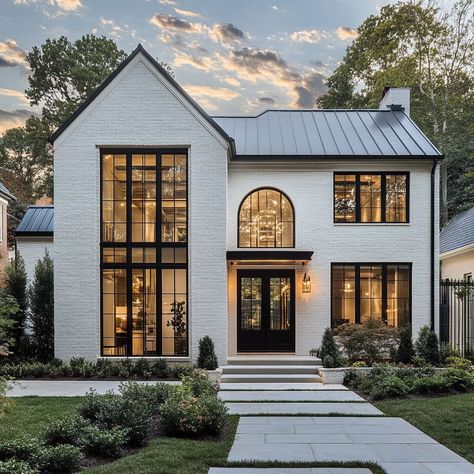 White Roof House, White Contemporary House Exterior, Modern French Country House Exterior, Modern Traditional Home Exterior, Black Roof House, Modern Spanish House Exterior, White House Black Windows, French Country House Exterior, Modern French Country House