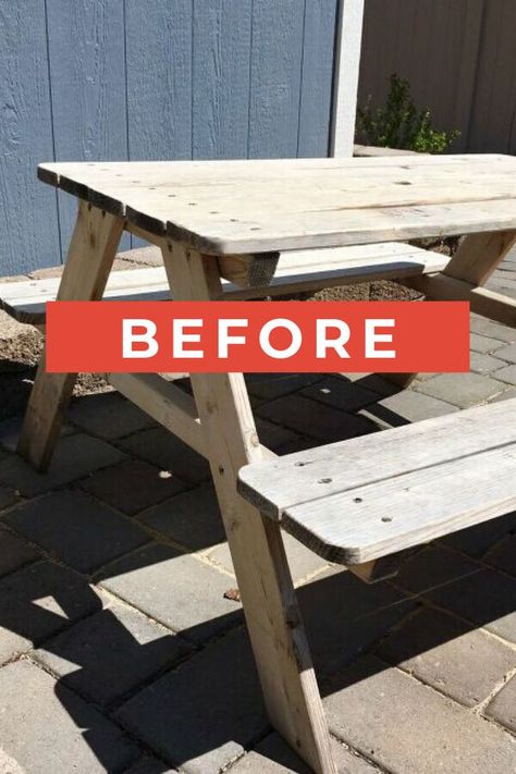 Do you and your kids love outdoor living? check out this upcycled old wooden picnic table for kids. All you need is some paint and fabric from your hobby store for this quick outdoor table update. #diy #picnictable #makeover Picnic Table Makeover, Restoration Hardware Outdoor, Chest Of Drawers Makeover, Old Tables, Table For Kids, Kids Picnic Table, Wooden Picnic Tables, Chair Planter, Faux Fireplace Diy