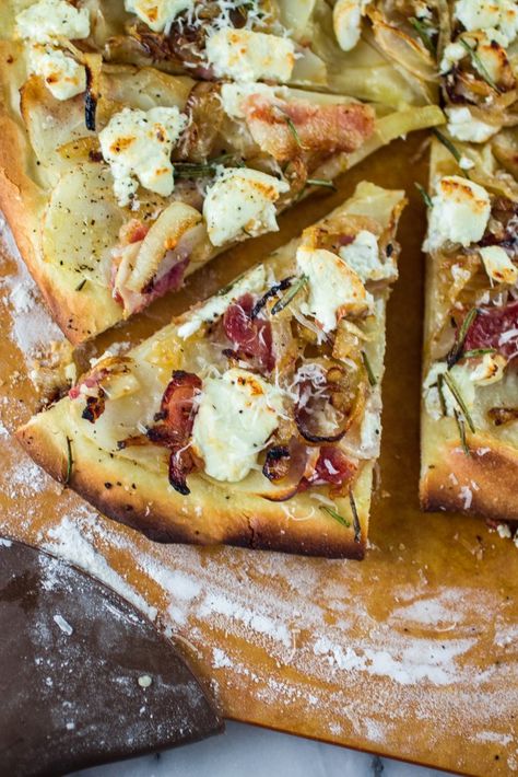 Potato, Bacon and Rosemary Pizza - Olivia's Cuisine Potatoe Pizza, Rosemary Pizza, Pizza With Goat Cheese, Vegetables Pizza, Pizza Gluten Free, Pizza Oven Recipes, Potato Bacon, Goat Cheese Pizza, Bacon Pizza