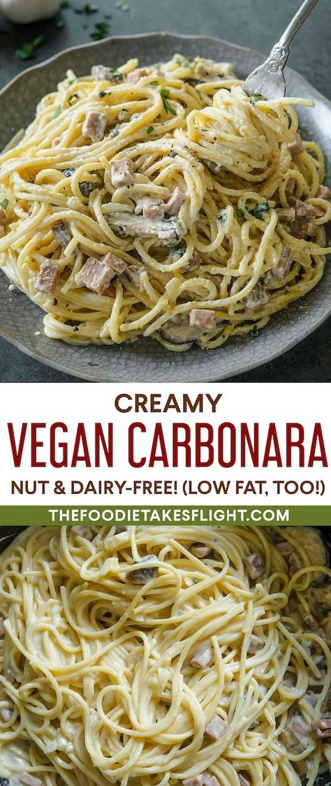 Creamy Vegan Spaghetti Carbonara Vegan Spaghetti Recipes, Vegan Carbonara Pasta, Yumtastic Recipes, Vegetarian Pastas, Carbonara With Bacon, Traditional Carbonara, Vegan Ham, Vegan Carbonara, Creamy Carbonara