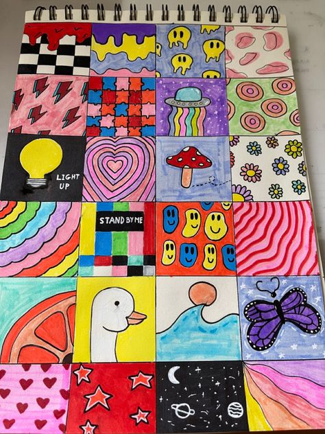 Square Things To Draw, Compilation Project Ideas, Easy Drawings Color, Square Doodles Ideas, Drawing Ideas Aesthetic Colorful, Easy Designs To Draw Pattern, What To Draw With Posca Markers, Color Drawings Easy, Retro Drawing Ideas