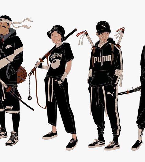 Ninja Squad Parade - Black version. Choose best 3 ⚔️. Brands x Characters. Progres Urban Samurai Character Design, Ninja Character Art, Ninja Concept Art, Mau Lencinas, Ninja Drawing, Street Ninja, Modern Ninja, Ninja Illustration, Ninja Design