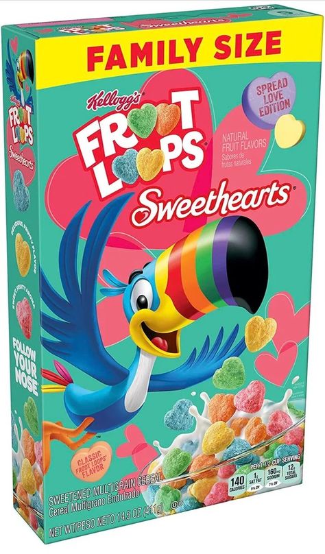 Valentine's Day Snacks, Cereals Packaging Design, Kelloggs Cereal, Froot Loops Cereal, Cereal Kelloggs, Paper Squishies, Squishy Food, New Cereal, Kids Cereal