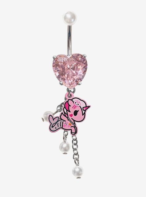 This silver-tone  tokidoki navel barbell features a Mermicorno charm and dangling faux pearls. Comes with pink  heart-shaped gem detailing.Jewelry care: Wash with antibacterial soap and warm water. Piercing care: Wash hands thoroughly  then clean piercing with H2Ocean (sold separately) or saline solution. 316L surgical steel - may contain some nickel14.67mm x 13.5mm charm4mm - 9.5mm gemsUse in healed piercings only. Remove immediately if irritation occurs. Do not use harsh or alcohol-based chemicals to clean jewelry. This may cause tarnishing.Intended as a decorative piece and should not be worn to sleep.Imported Bottom Belly Button Piercing Only, Bad Bunny Jewelry, Cute Industrial Piercing Jewelry, Gyaru Jewelry, Pink Piercings, Heart Belly Button Piercing, Piercing Bridge, Body Candy Jewelry, Belly Button Piercing Cute