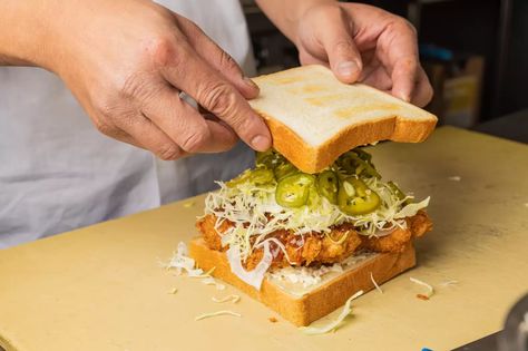 How to Make Chicken Katsu Sando With Tonkatsu Recipe - Thrillist Chicken Sando Recipe, Tonkatsu Recipe, Katsu Sauce, Katsu Sando, Japanese Sandwich, Grilled Rice, Tonkatsu Sauce, Japanese Chicken, Chicken Katsu