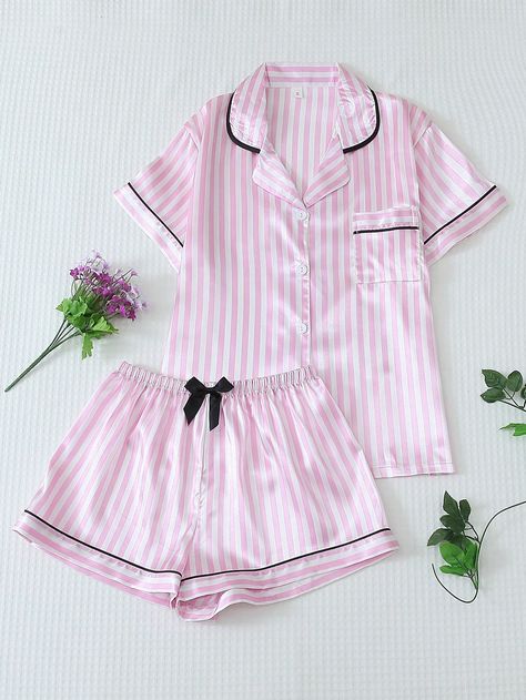 2pcs Satin Pajama Set With Short Sleeve Collared Shirt And Bow Tie Striped Shorts For Women, Summer LoungewearI discovered amazing products on SHEIN.com, come check them out! Silk Pjs Pink, Shein Pajama Set, Cute Pajama Sets For Women, Pink Pajamas Aesthetic, Pjs Preppy, Pijama Shein, Preppy Pjs, Pyjamas Cute, Princess Sleepwear