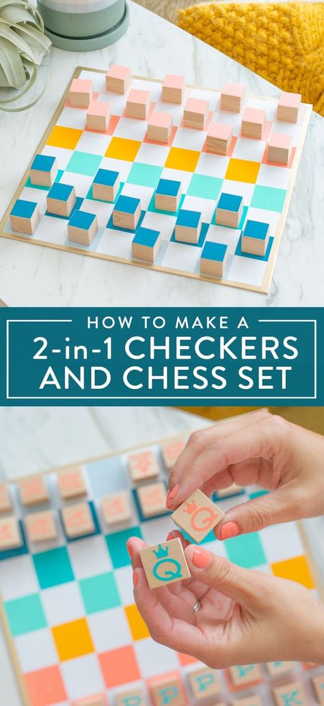 Make a checkers and chess 2 in 1 set to play at home! You can DIY this simple project in an afternoon and be playing a board game in no time. This is great for a family activity or craft idea to try. Awesome for homeschool, summers, and kid craft projects. Click for the tutorial! Family Game Ideas, Homemade Board Games, Handmade Games, Board Games Diy, Diy Kids Games, Vbs 2023, Vbs Crafts, Board For Kids, Wooden Games