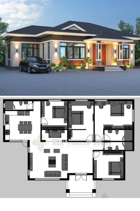 Expansive one-storey villa with four bedrooms Plan Villa, Villain Aesthetic, Villa Plan, Story House, Home Fashion, 3 Bedroom, House Plan, Floor Plan, Bungalow