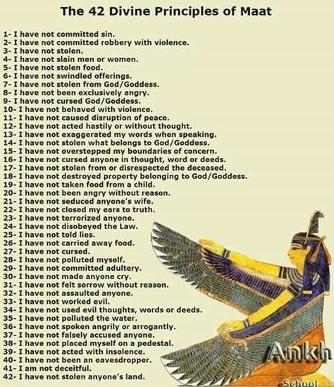 42 Laws of Ma'at Pale Man, Goddess Spirituality, Kemetic Spirituality, Kemet Egypt, Ancient Egypt Gods, Egyptian Deity, The Oregon Trail, African Spirituality, 10 Commandments