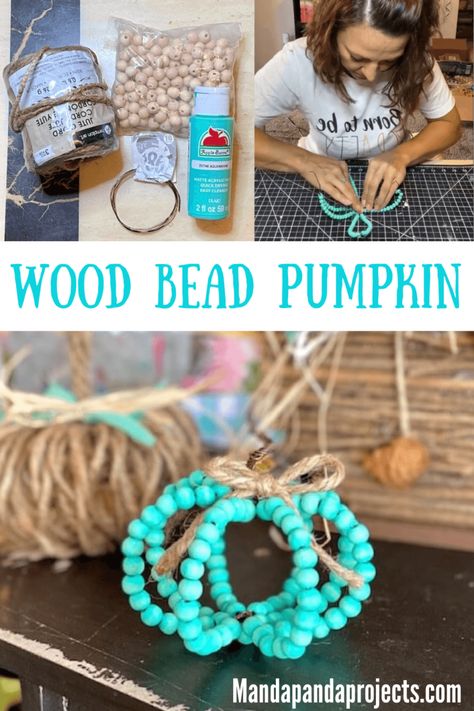 Homemade Fall Decorations Easy, Fall Decoration Crafts For Kids, Wooden Bead Pumpkin Diy, Wooden Bead Pumpkin, Fall Wooden Bead Garland, Crafts Using Beads Diy Projects, Bead Pumpkin Craft, Diy Beaded Pumpkin, Halloween Wood Bead Garland