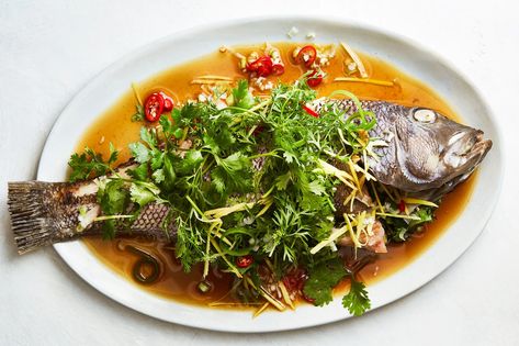 Cantonese-Style Steamed Fish Recipe - The New York Times Chinese Steamed Fish, Steamed Fish Recipes, Arctic Char, Flat Fish, Whole Fish, Steamed Fish, Salad Spinner, Nyt Cooking, Fish Recipe