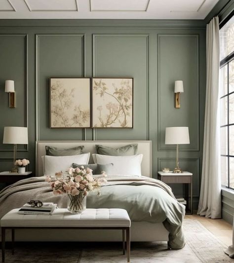 Interior Design Bedroom Colour, Sage Green Interiors, Master Bedrooms 2024 Trends, Soothing Interiors, Light Green Bedrooms, Green And White Bedroom, Sage Bedroom, Green Bedroom Walls, 2024 Bedroom