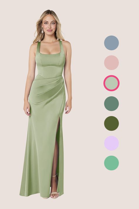 Mero is our stunning bridesmaid dress crafted from stretch satin. She features a square neckline paired with straps leading to a keyhole back. The look is complete with a pleated floor length sheath skirt. Tampa Edition, Garden Bridesmaids Dresses, Beige Bridesmaid Dress, Beige Bridesmaids, Queens Wedding, Sage Bridesmaid Dresses, Minimalistic Wedding, Sage Green Bridesmaid Dress, Stunning Bridesmaid Dresses