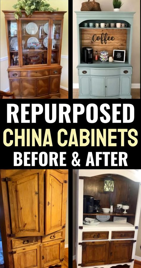 Turning A China Cabinet Into A Coffee Bar, Refinished Coffee Bar, Repurposing China Cabinet, How To Repurpose A China Cabinet, Coffee Bar Made From Old China Cabinet, Repurposed Bar Cabinet, Diy Armoire Coffee Bar, Coffee Bar Ideas From Old Furniture, Coffee Bars Made From Old Hutches