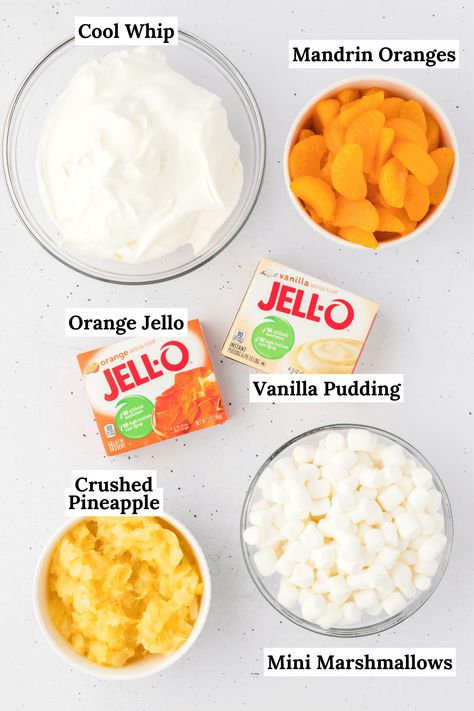 Orange Fluff Salad, Marshmallow Salad, Orange Jello Salads, Congealed Salad, Fluff Salad Recipes, Orange Fluff, Easy Fruit Salad Recipes, Cool Whip Desserts, Fluff Salad