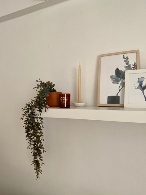 Shelf’s On Wall, One Long Shelf Decor, Greenery Shelf Decor, Shelf Above Sideboard, How To Decorate A Floating Shelf Living Rooms, Two Shelves On Wall, One Shelf Decor, Single Shelf Styling, Wall Shelf Above Tv