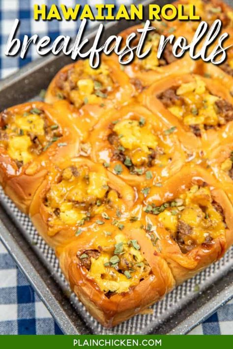 Breakfast Rolls - Plain Chicken Hawaiian Roll Breakfast, Breakfast Rolls Recipe, Frozen Fruit Salads, Hawaiian Breakfast, Maple Syrup Glaze, Breakfast Strata, Hawaiian Roll, Slow Cooker Casserole, Breakfast Slider