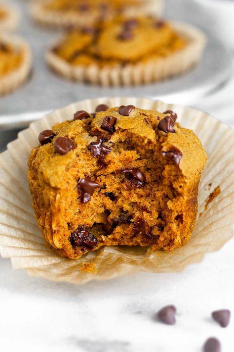 Gluten Free Pumpkin Muffins with Chocolate Chips - Eat the Gains Vegan Pumpkin Chocolate Chip Muffins, Chocolate Chip Muffins Gluten Free, Chocolate Pumpkin Muffins, Gluten Free Pumpkin Muffins, Muffins Gluten Free, Chocolate Chip Muffin Recipe, Pumpkin Muffin Recipes, Leftover Pumpkin, Pumpkin Chocolate Chip Muffins