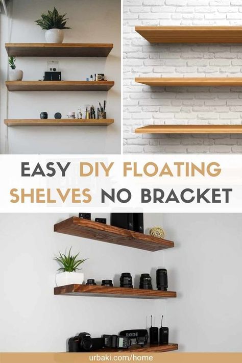 How To Make Rustic Floating Shelves, Adhesive Floating Shelves, How To Make A Floating Shelf Diy, No Drill Floating Shelves, Diy Small Floating Shelves, Floating Shelves Tutorial, Diy Floating Book Shelves, Easy Diy Floating Shelves, Diy Shelves Easy Cheap