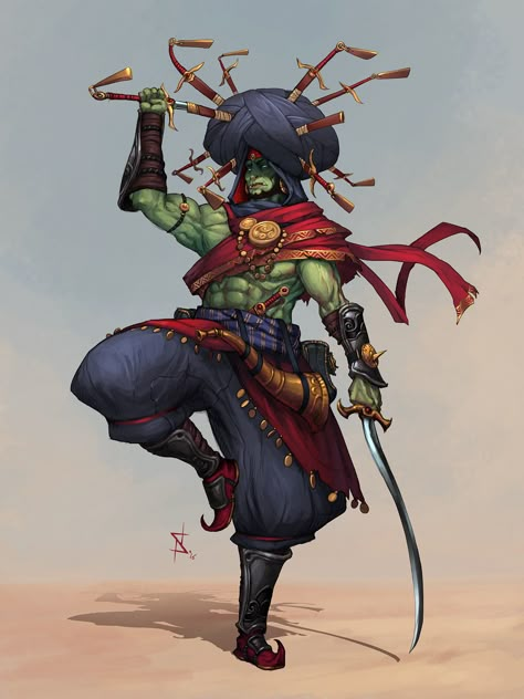 character concept male humanoid orcish oriental warrior wield sabre knife cloth torso elite Arabian Orc, Stephen Nickel Pathfinder Character, Desenhos Gravity Falls, Concept Art Character, Dungeons And Dragons Characters, Dnd Art, Fantasy Warrior, Character Design Male, 판타지 아트, Fantasy Rpg