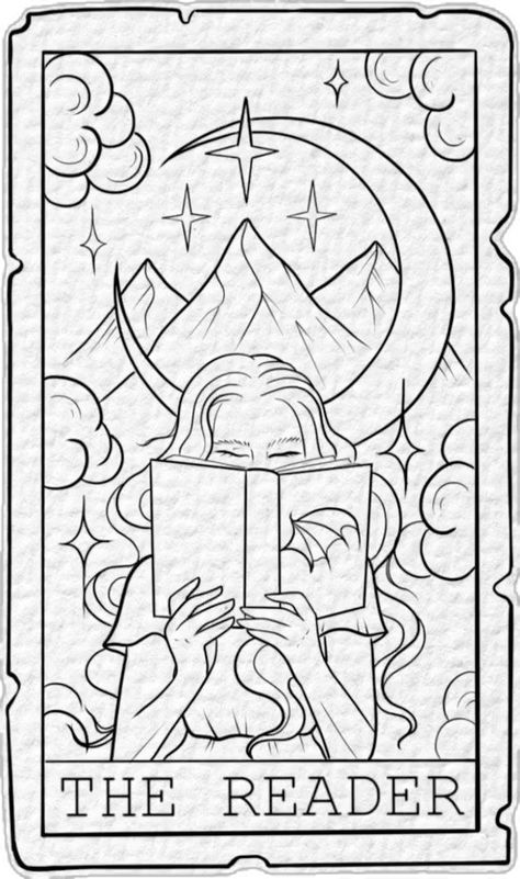 Tarot Card Inspired Tattoos, Tarot Card Tattoo Outline, Witchy Book Tattoo, Book Lover Drawings, Simple Tarot Card Tattoo, Tarot Reader Tattoo, Book Reader Tattoo Ideas, Tarot Cards Drawing, Bookworm Tattoo Ideas