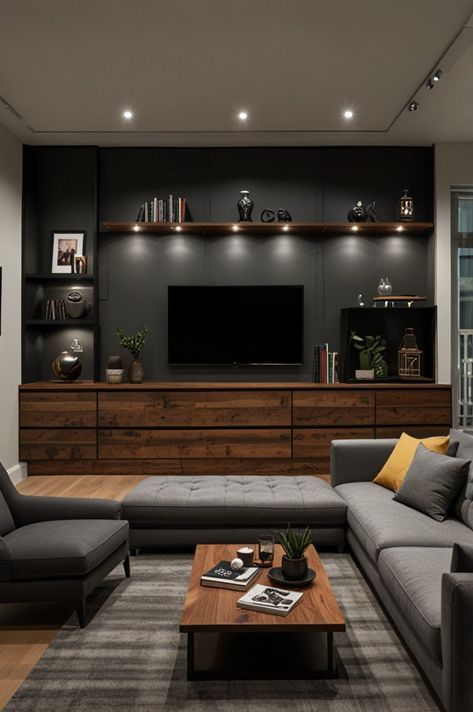 Industrial Glam Decor Living Room, Mens Appartement, Modern Male Living Room, Men House Decor Ideas Living Room, Modern Bachelor Pad Living Rooms, Masculine House Decor, Male Decor Ideas, Manly Living Room Ideas, Mens Apartment Decor Masculine Interior