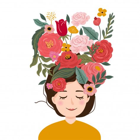 Pretty girl with blooming flower in head... | Premium Vector #Freepik #vector #flower Flower Head Illustration, Head Flowers Drawing, Woman Flowers Illustration, Person With Flower Head, Blooming Illustration, Freepik Illustration, Head Illustration, Head Flower, Illustration Flower