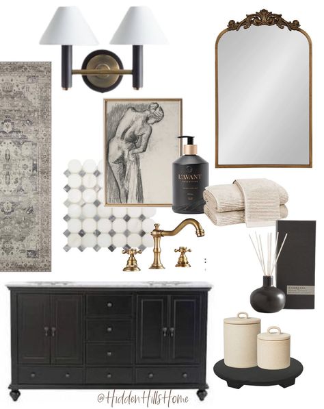 Primary Bathroom Black Vanity, Moody Bathroom Mood Board, Moody White Bathroom, Black Grey And Cream Bathroom, Black Beige And Gold Bathroom, Black Tile Bathroom Decor, Guest Bathroom Ideas Black Vanity, Bathroom Design Black Vanity, Moody Taupe Bathroom