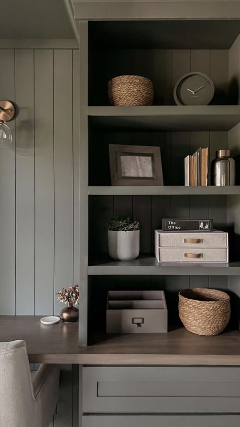 Half Bathroom Makeover with Vertical Shiplap Wall - Come Stay Awhile by Amanda Vernaci | Modern Farmhouse DIY + Home Renovation Faux Wood Door, Desk In The Bedroom, Half Bathroom Makeover, Built In Desk And Shelves, Cozy Office Space, Diy Sideboard, Modern Farmhouse Diy, Office Built Ins, Styling Shelves