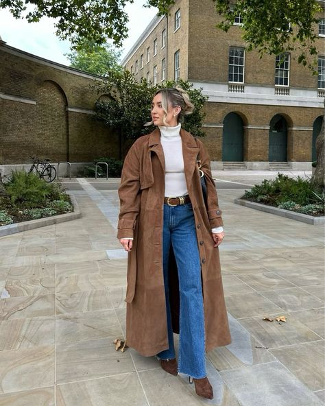 AND/ORSuki Suede Trench Coat, Tan curated on LTK Tan Trench Coat Outfit Winter, Suede Trench Coat Outfits, Suede Coat Outfit, Tan Trench Coat Outfit, Tan Coat Outfit, Freezing Weather Outfit, London Vacation Outfits, London Fall Outfits, Autumn Style Inspiration