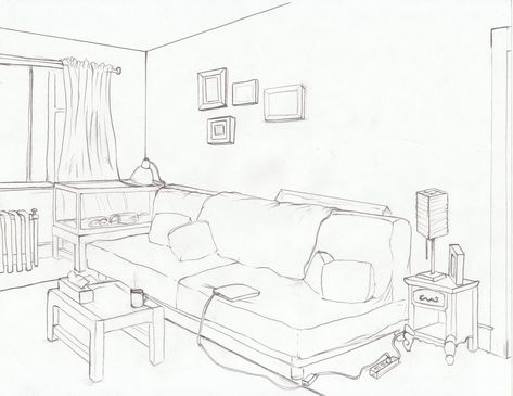 Living Room Drawing Reference, Living Room Perspective, Room Perspective, Room Perspective Drawing, Isometric Rooms, Basic Room, Interior Architecture Sketch, Isometric Room, Animation Portfolio