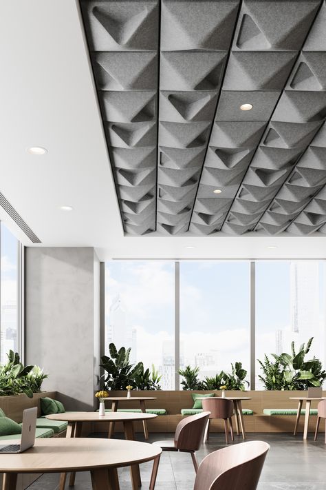 Office Ceiling Ideas, Commercial Ceiling Design, Lobby Ceiling Design, Commercial Reception, Reception Ceiling, Baffle Ceiling, Office Space Inspiration, Acoustical Ceiling, Acoustic Ceiling Tiles